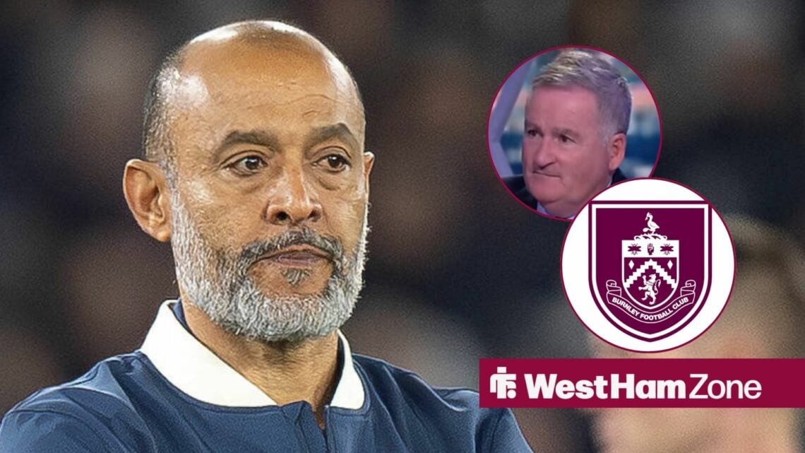 Nuno Espirito Santo looking at Richard Keys and Burnley badge in circular inset