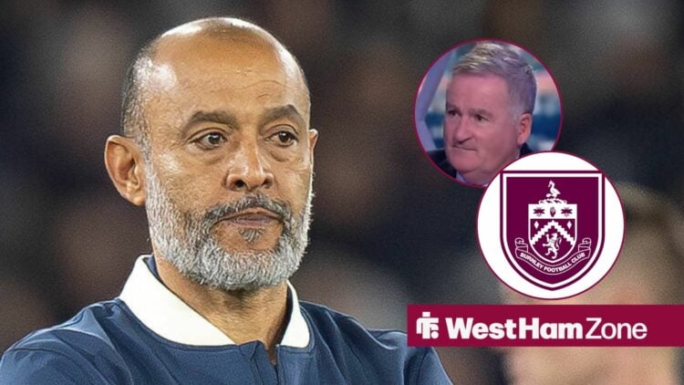 Nuno Espirito Santo looking at Richard Keys and Burnley badge in circular inset