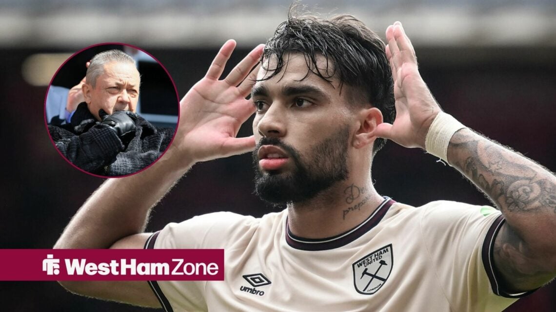 West Ham star Lucas Paqueta celebrating, David Sullivan in inset.