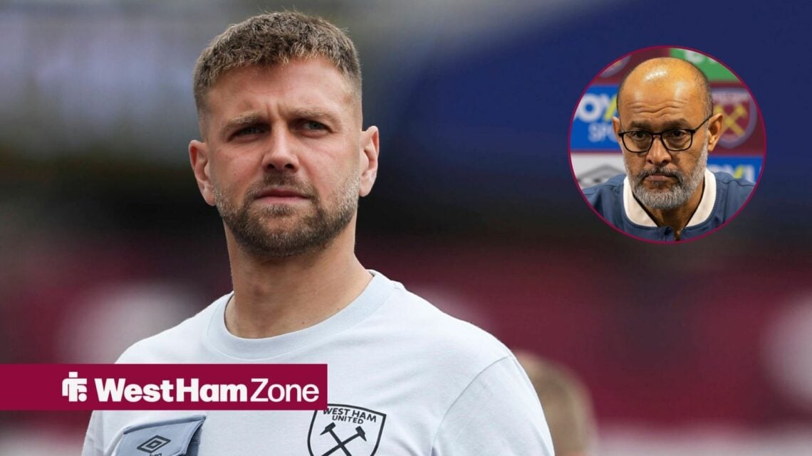 West Ham striker Niclas Fullkrug glances towards a circular inset, where manager Nuno Espirito Santo sits in a press conference.