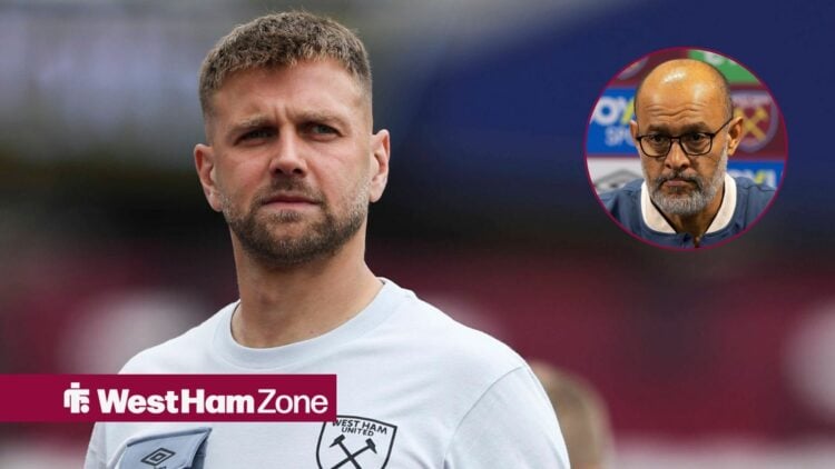 West Ham striker Niclas Fullkrug glances towards a circular inset, where manager Nuno Espirito Santo sits in a press conference.