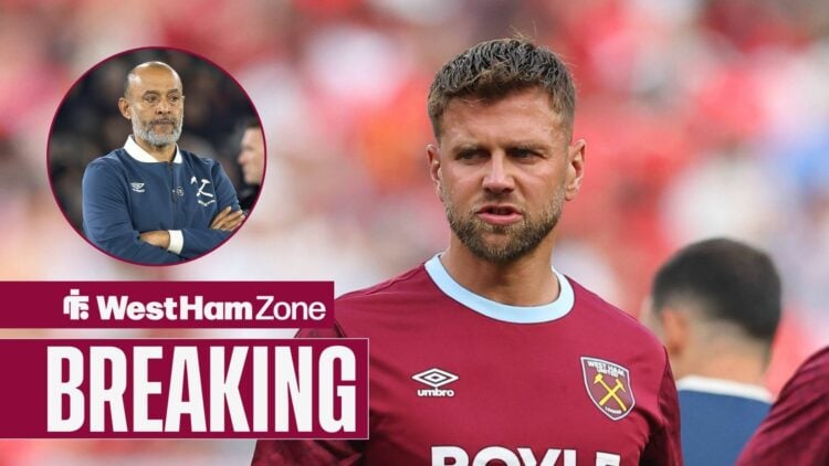 West Ham striker Niclas Fullkrug looking moody, Nuno Espirito Santo in inset.