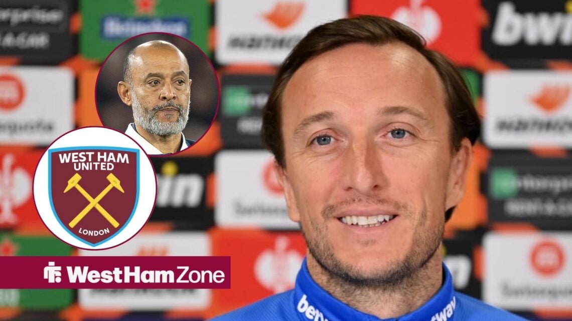 Mark Noble smiling at Nuno Espirito Santo and West ham badge in circular inset