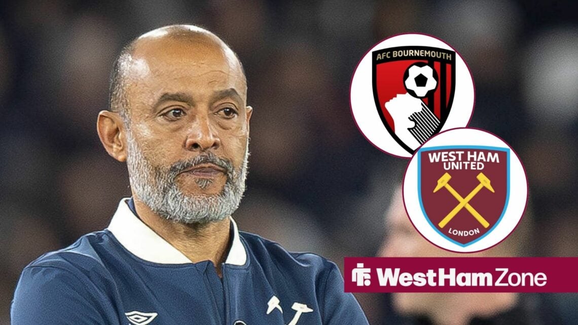Nuno Espirito Santo looking at Bournemouth and West Ham badges in circular insets