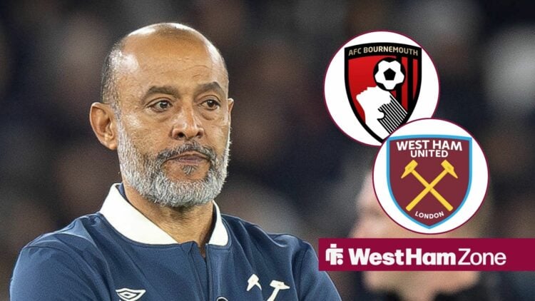 Nuno Espirito Santo looking at Bournemouth and West Ham badges in circular insets