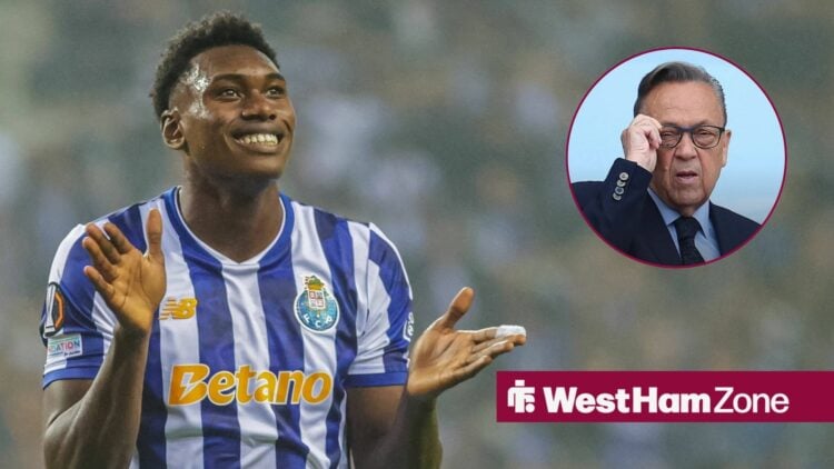 Samu Omorodion celebrates a goal, with David Sullivan in a circular frame inset