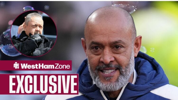 West Ham boss Nuno Espirito Santo looking happy, David Sullivan in inset.
