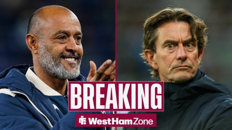 Breaking news as West Ham manager Nuno Espirito Santo smiles on the left half of a split image, as Tottenham boss Thomas Frank looks frustrated on ...