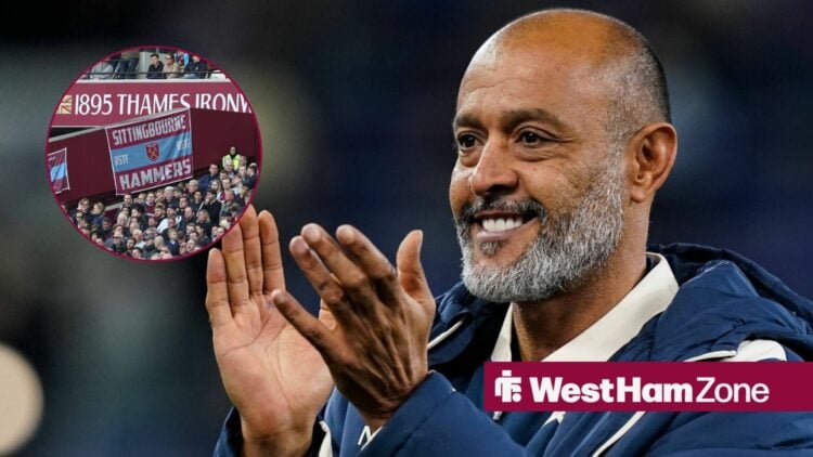 Nuno Espirito Santo smiles and applauds towards a circular inset, which features West Ham fans.