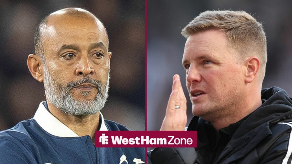 Nuno Espirito Santo looking unimpressed with Eddie Howe clapping in circular inset
