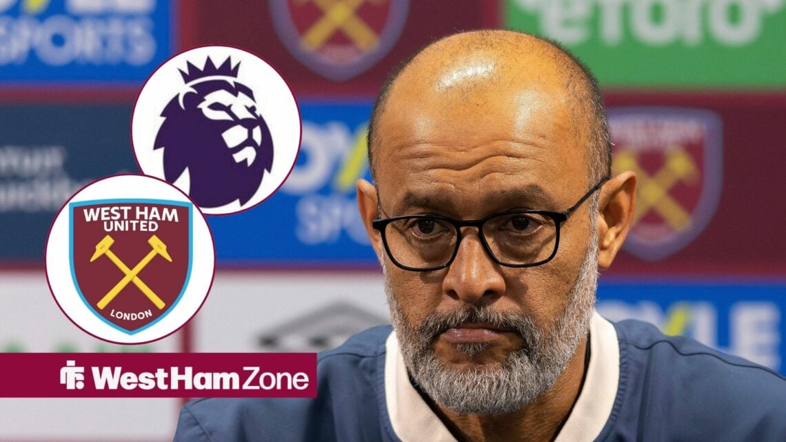 Nuno Espirito Santo focused on Premier League and West Ham badges in circular insets