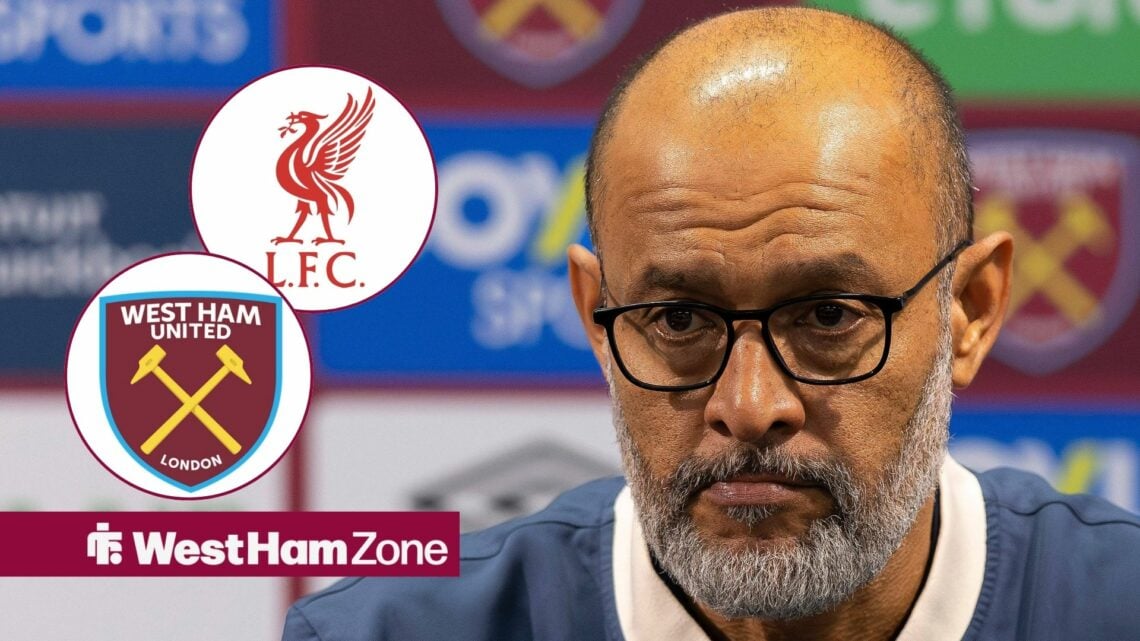 Nuno Espirito Santo looking at West Ham and Liverpool badges in circular insets