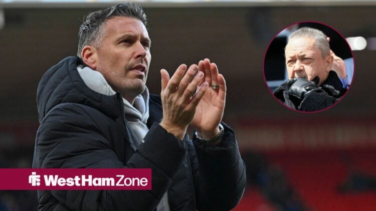 Wolves manager Rob Edwards applauds in the direction of a circular inset, where West Ham owner David Sullivan looks ponderous.