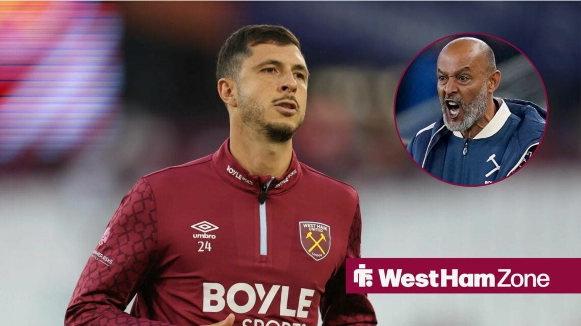 Guido Rodriguez in a West Ham training top and Nuno Espirito Santo shouting in a circular overlay