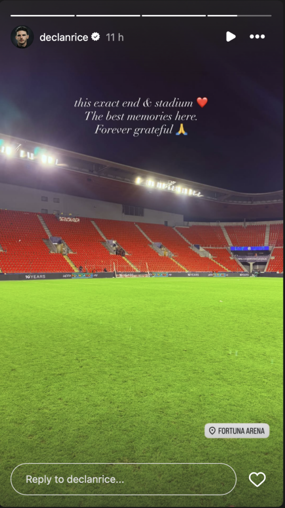 Declan Rice Instagram post with Fortuna Arena stadium