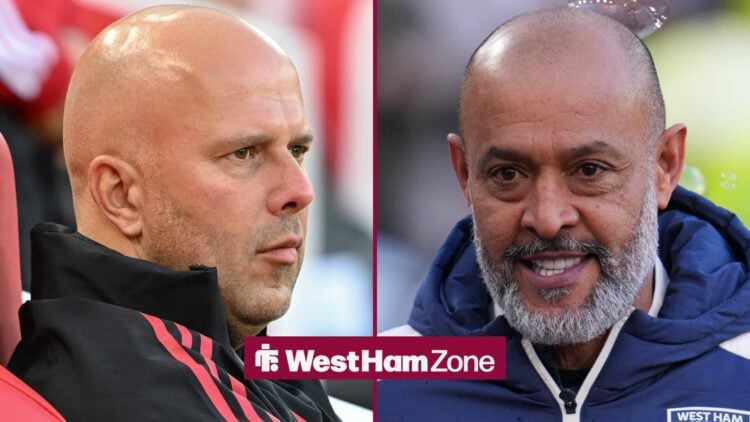 Arne Slot looking at Nuno Espirito Santo in split image