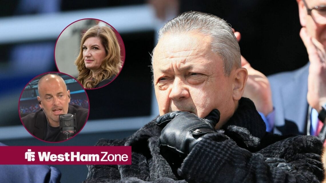 David Sullivan in fur coat and leather gloves with Karren Brady and Joe Cole in round overlays