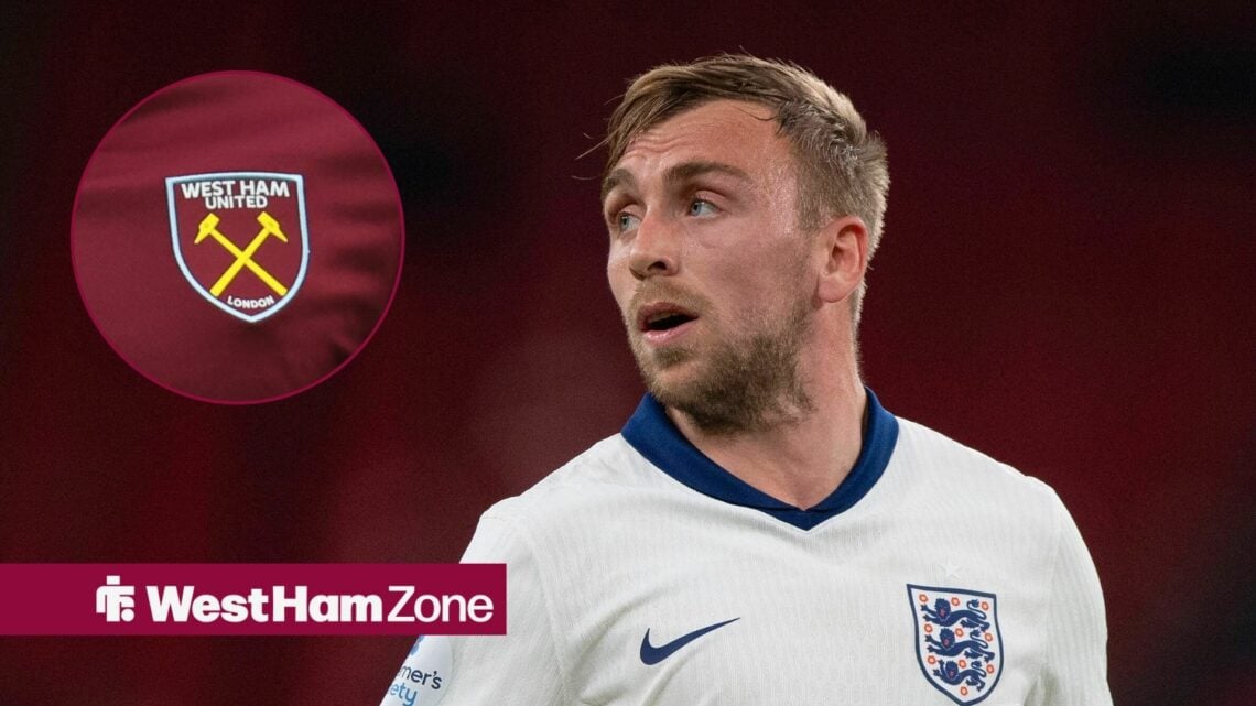 Jarrod Bowen playing for England and West Ham badge in circular inset