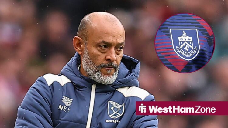 West Ham United manager Nuno Espirito Santo and Burnley badge in circular inset