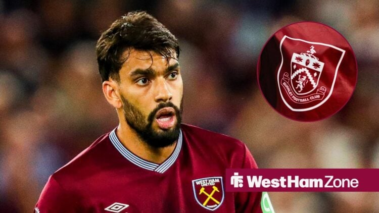 West Ham midfielder Lucas Paqueta and Burnley badge in circular inset