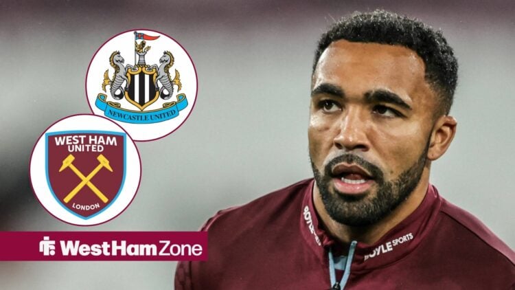 Callum Wilson in action and Newcastle and West Ham badges in circular insets