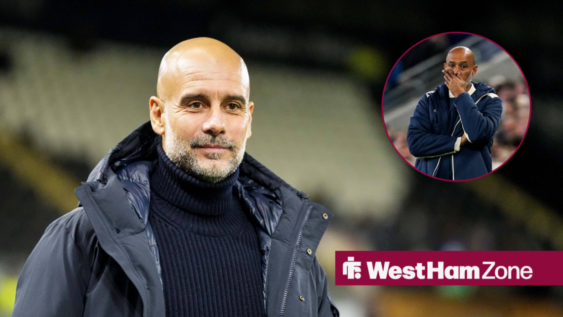 Pep Guardiola looking at a circle inset of Nuno Espirito Santo