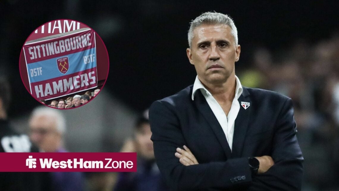 Hernan Crespo looking at West Ham banner in circle