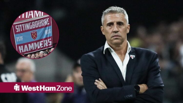 Hernan Crespo looking at West Ham banner in circle