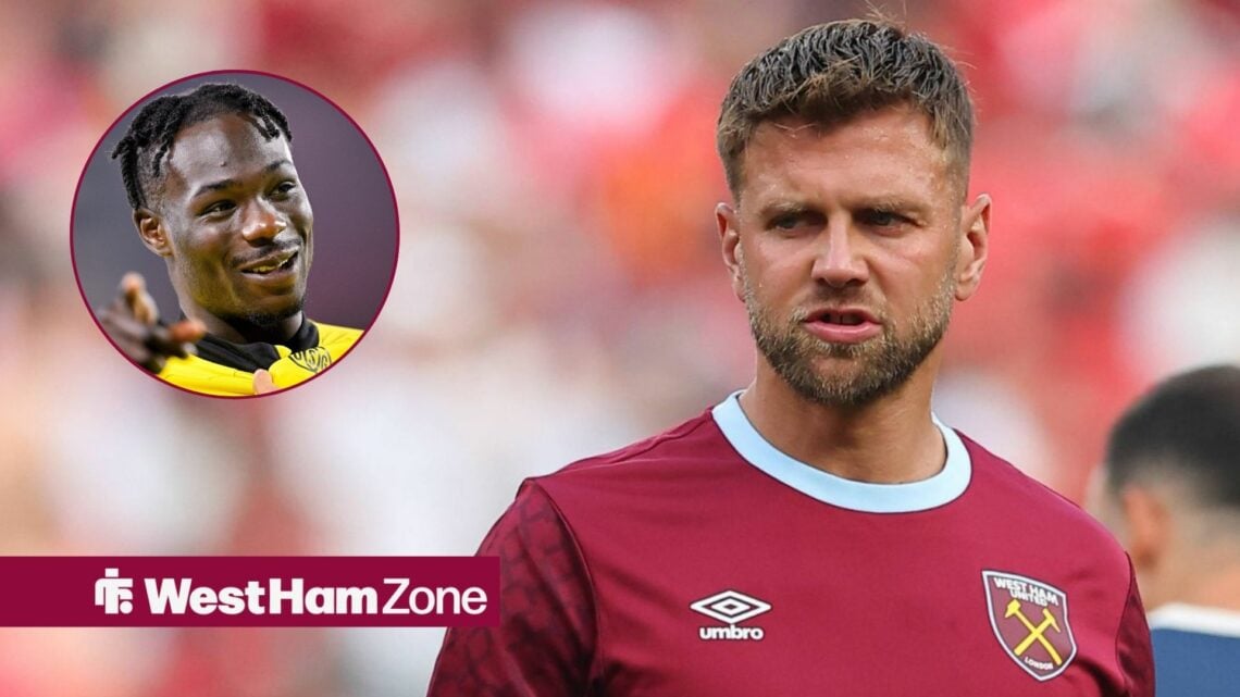 Niclas Fullkrug looking left with Promise David smiling in circular inset