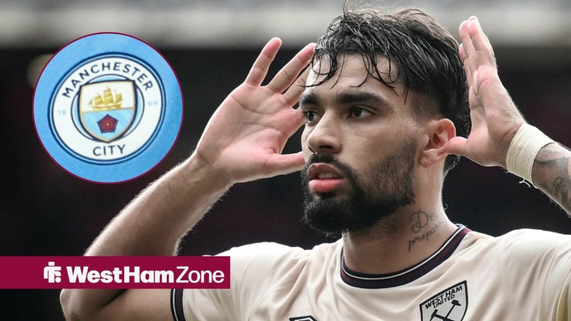 Lucas Paqueta with his fingers in his ears looking towards the Manchester City badge in a circle inset