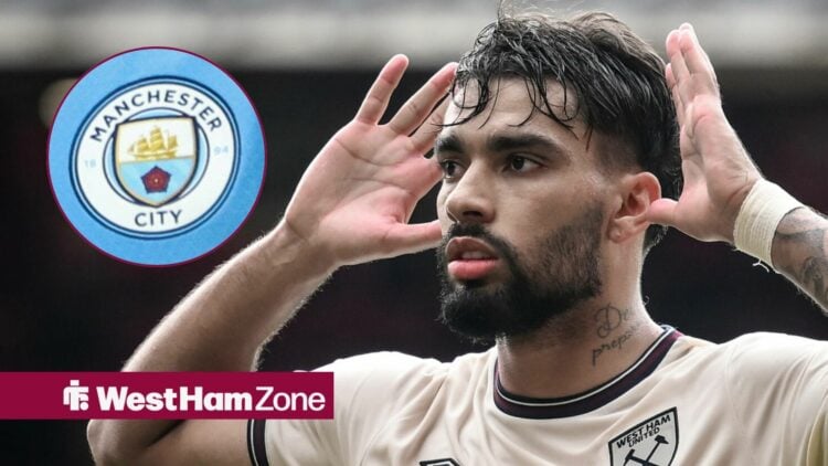 Lucas Paqueta with his fingers in his ears looking towards the Manchester City badge in a circle inset