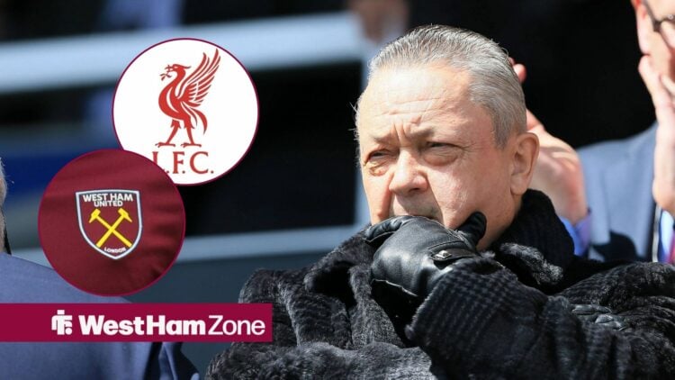David Sullivan looking in the direction of the Liverpool and West Ham badge.