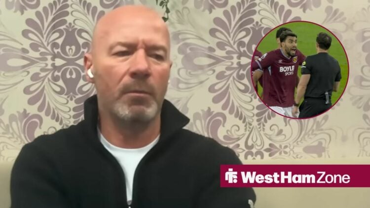 Alan Shearer looking annoyed towards a circle inset of Lucas Paqueta getting sent off for West Ham against Liverpool