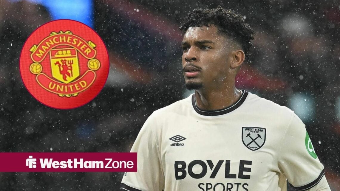 Luis Guilherme playing for West Ham looking towards a circle inset of the Manchester United badge