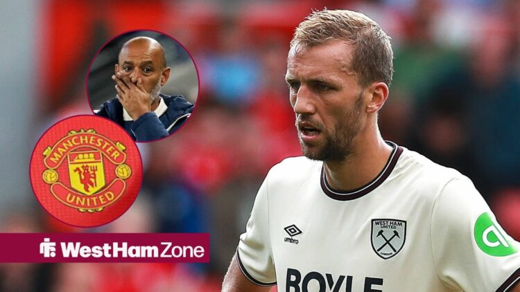 Tomas Soucek playing for West Ham looking disappointed looking towards circle insets of the Manchester United badge and Nuno Espirito Santo