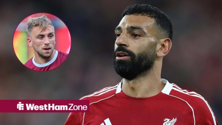 Mohamed Salah playing for Liverpool looking towards a circle inset of Jarrod Bowen playing for West Ham