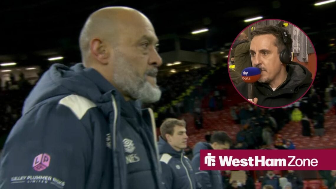 Nuno Espirito Santo looking annoyed at Old Trafford towards a circle inset of Gary Neville speaking on Sky Sports