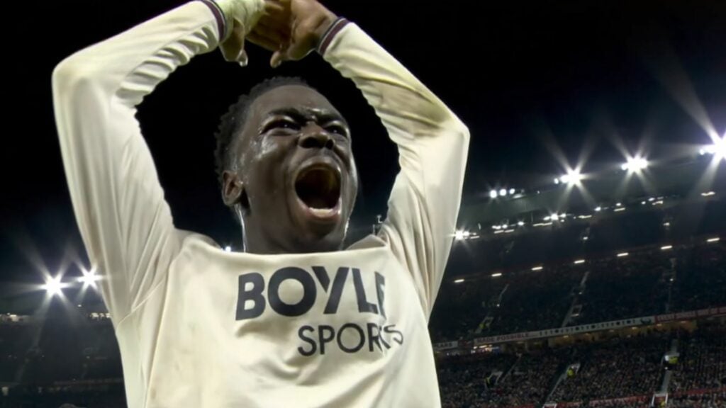 Soungoutou Magassa celebrating for West Ham after scoring against Manchester United at Old Trafford