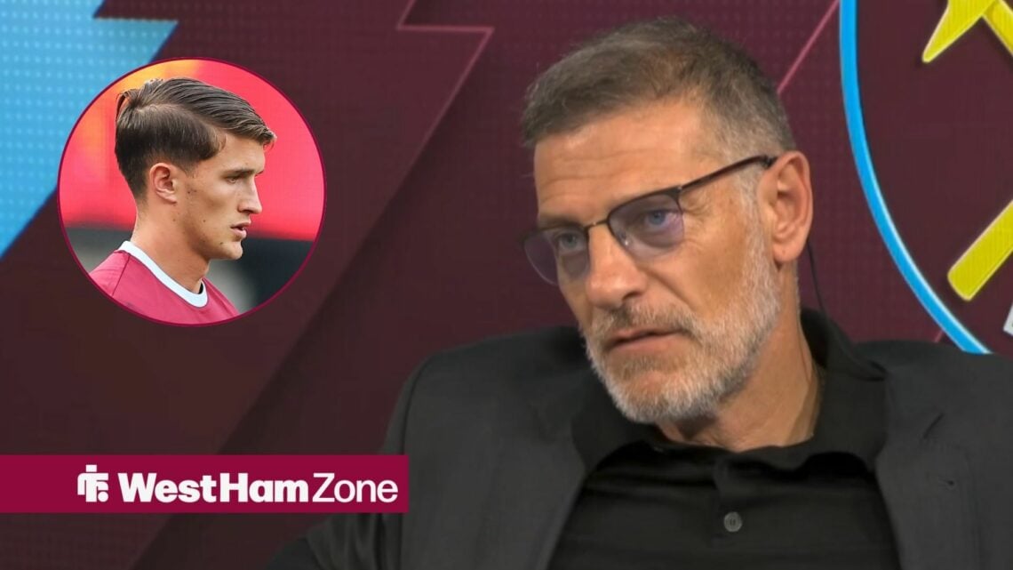 Slaven Bilic speaking live on Sky Sports looking towards a circle inset of Freddie Potts playing for West Ham
