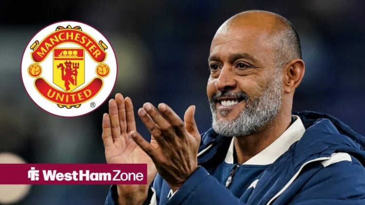 Nuno Espirito Santo smiling in the direction of the Manchester United badge.