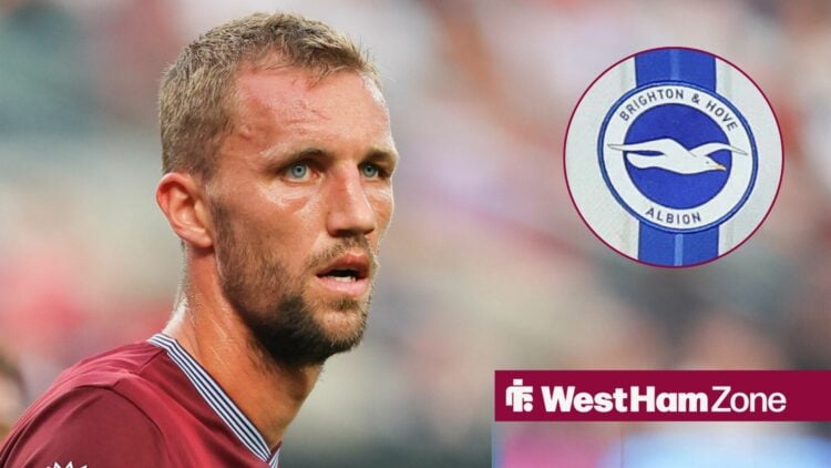 Tomas Soucek playing for West Ham looking towards a circle inset of the Brighton badge