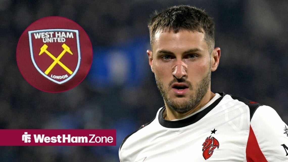 Santiago Gimenez playing for AC Milan looking towards a circle inset of the West Ham badge