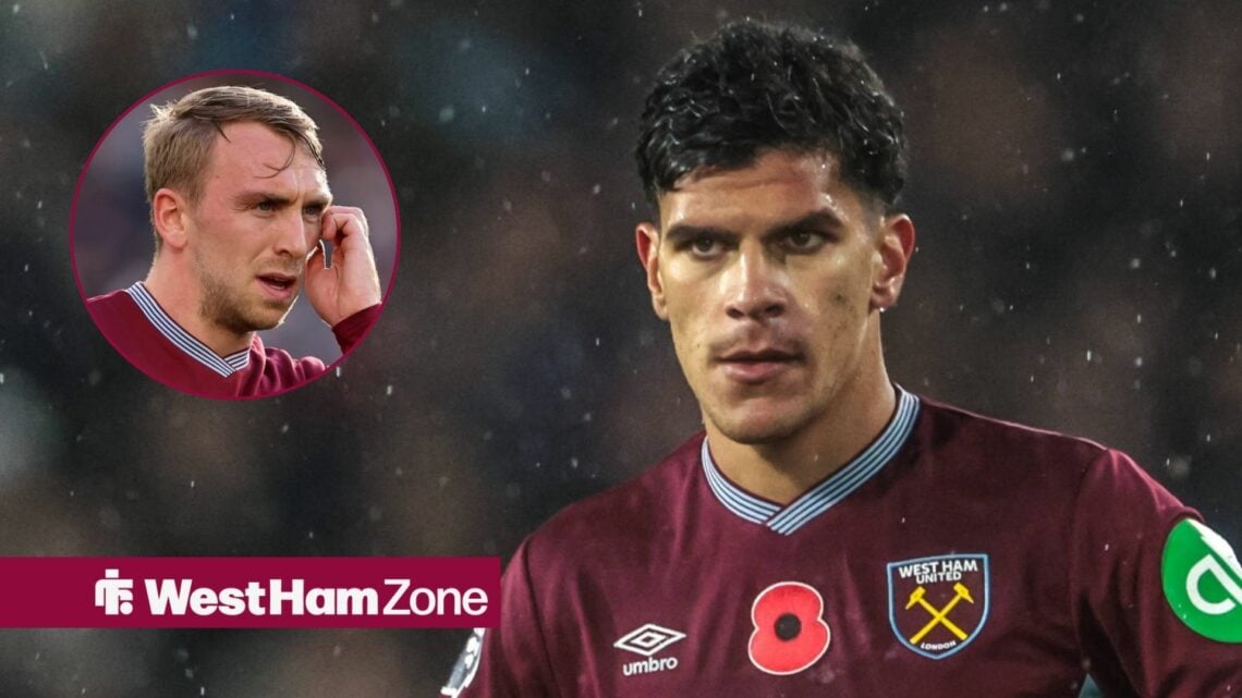 Mateus Fernandes playing for West Ham looking towards Jarrod Bowen looking annoyed in a circle inset