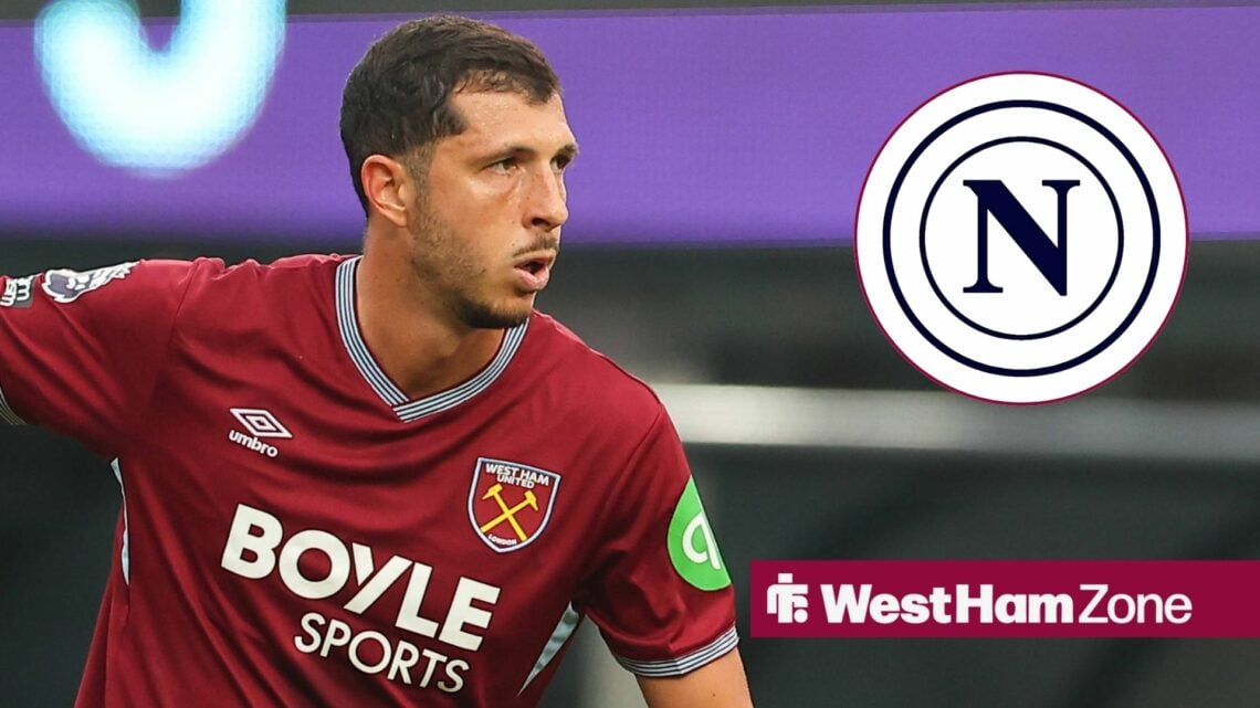 Guido Rodriguez playing for West Ham looking towards a Napoli badge