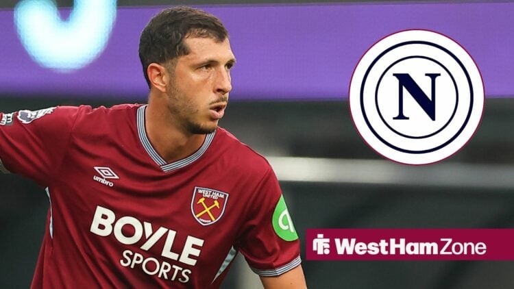 Guido Rodriguez playing for West Ham looking towards a Napoli badge