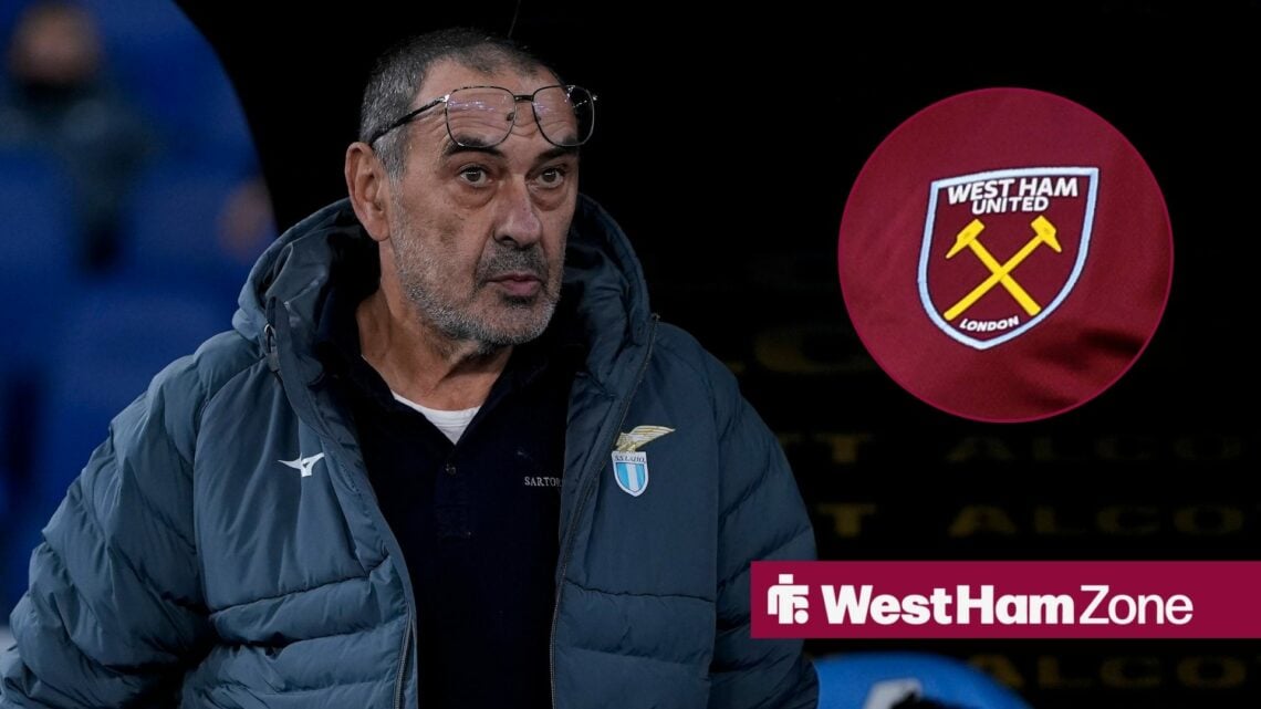 Maurizio Sarri with West Ham badge in frame
