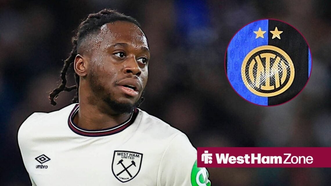 Aaron Wan-Bissaka playing for West Ham looking towards a circle inset of the West Ham badge
