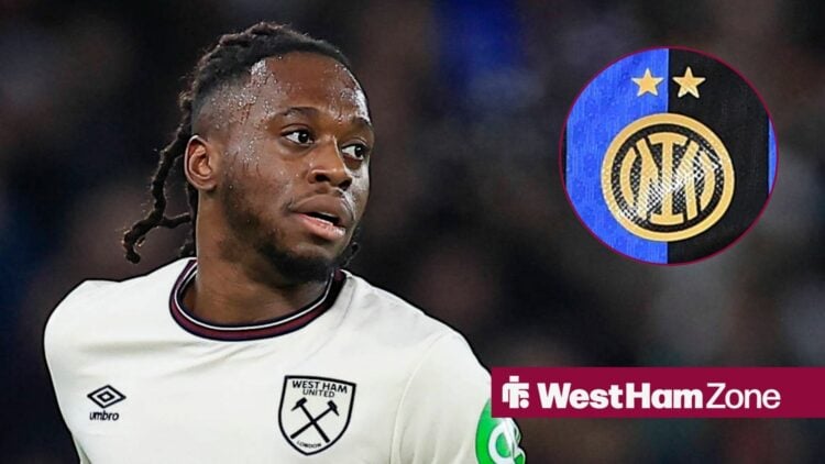 Aaron Wan-Bissaka playing for West Ham looking towards a circle inset of the West Ham badge