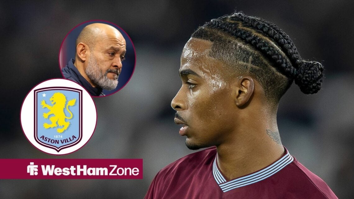 Nuno Espirito Santo looking at Crysencio Summerville, with the Aston Villa badge looming.