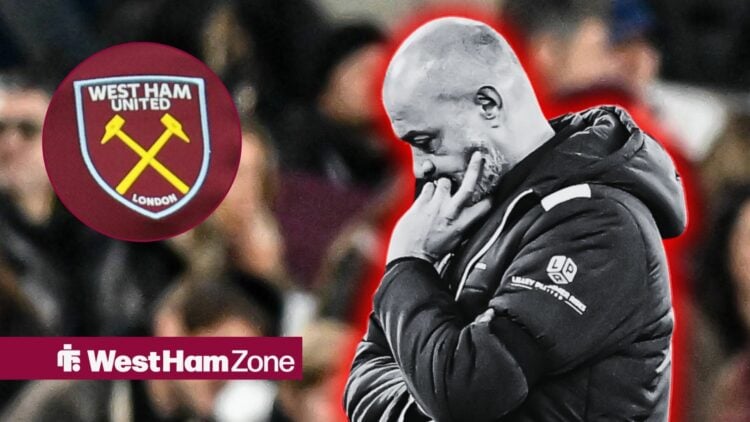 Nuno Espirito Santo in grey surrounded by a red hue alongside a circle inset of the West Ham badge
